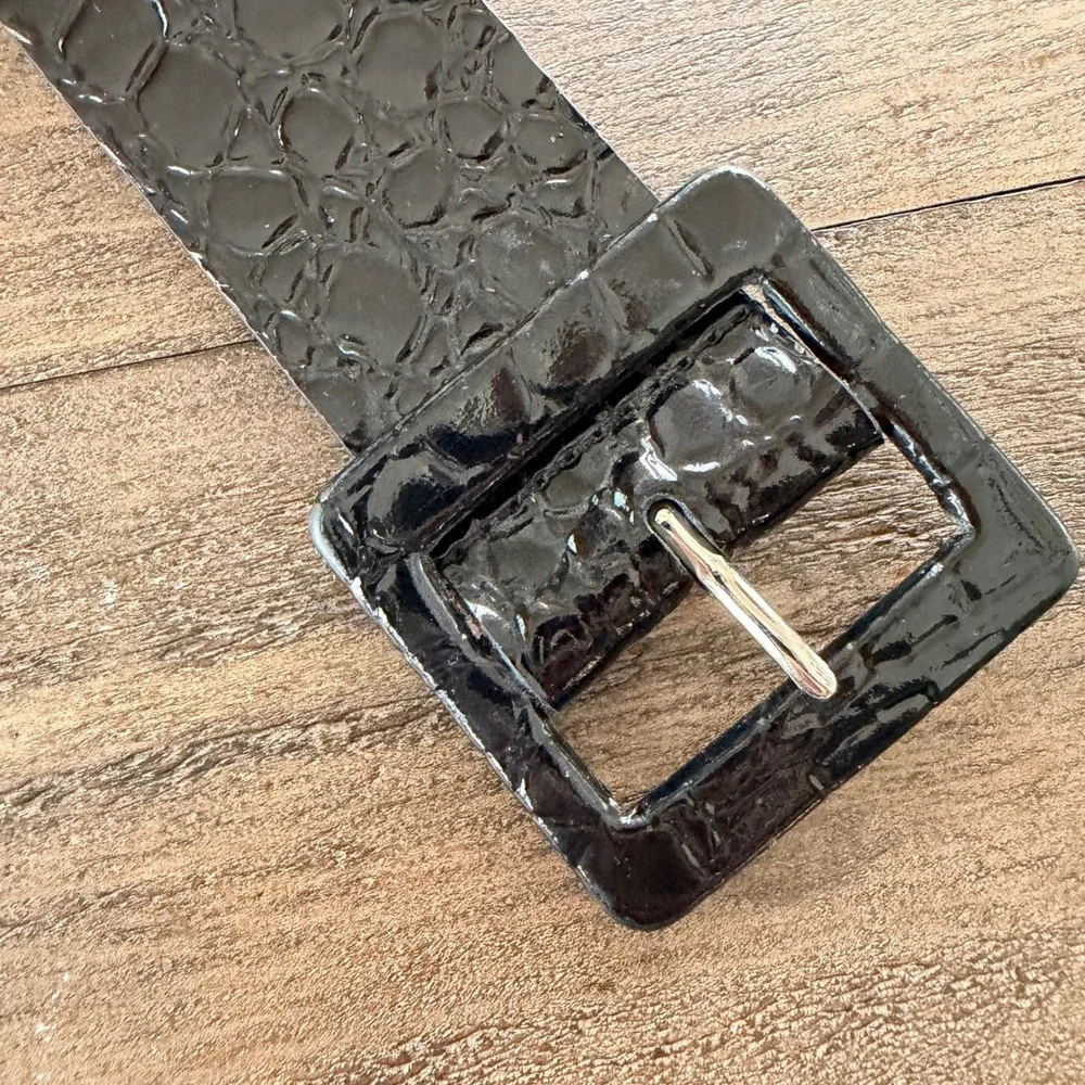 Black Crocodile Embossed Patent Leather Belt Wide Matching Buckle Medium 32